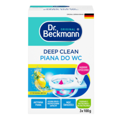 Deep clean piana do wc – Białe pudełko z turkusowym i niebieskim wzorem zawierające trzy opakowania proszku do czyszczenia muszli klozetowej o zapachu cytryny.-small