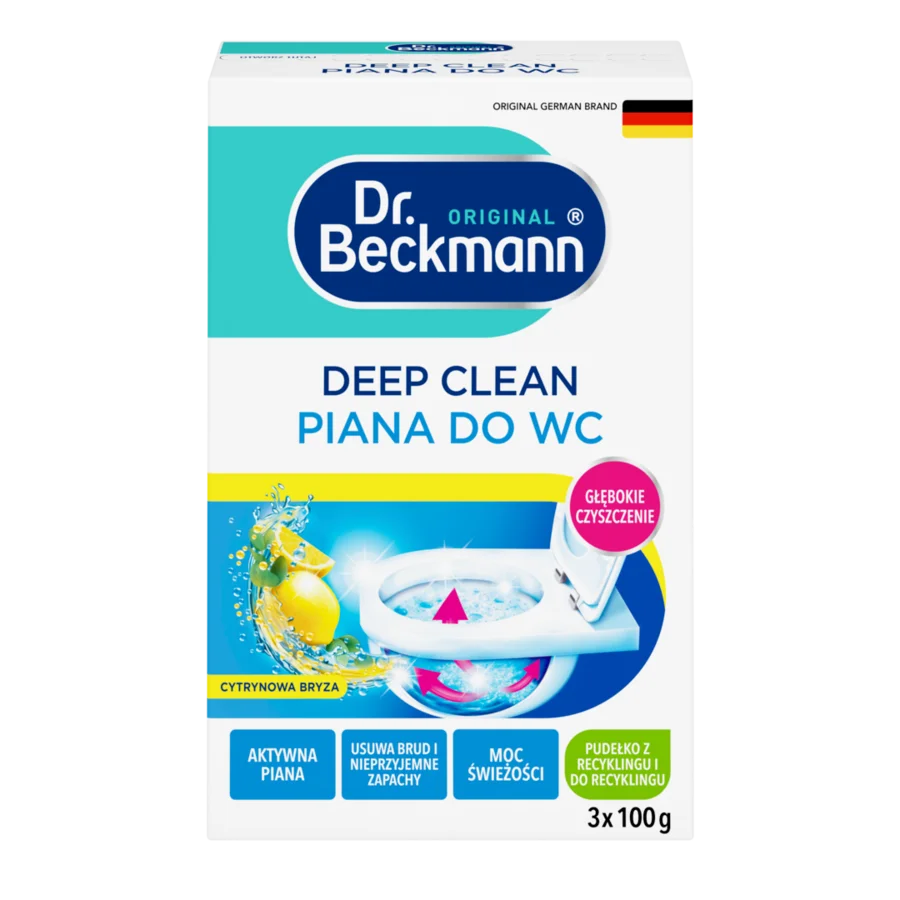 Deep clean piana do wc – Białe pudełko z turkusowym i niebieskim wzorem zawierające trzy opakowania proszku do czyszczenia muszli klozetowej o zapachu cytryny.