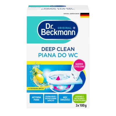 Deep clean piana do wc – Białe pudełko z turkusowym i niebieskim wzorem zawierające trzy opakowania proszku do czyszczenia muszli klozetowej o zapachu cytryny.