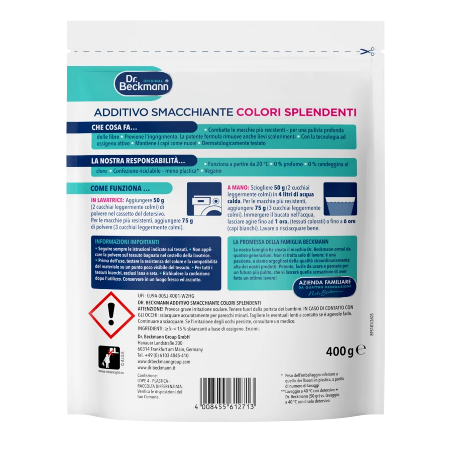 Additivo Smacchiante Colori Splendente – Bustina bianca con dettagli turchese e blu navy, peso di 400g indicato.