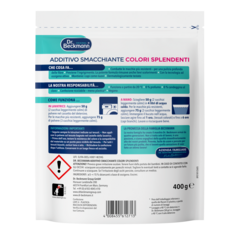 Additivo Smacchiante Colori Splendente – Bustina bianca con dettagli turchese e blu navy, peso di 400g indicato.