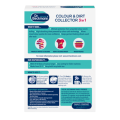 Colour & Dirt Collector 3in1 – White cardboard box with turquoise and dark blue sections displaying instructional graphics and text panels.