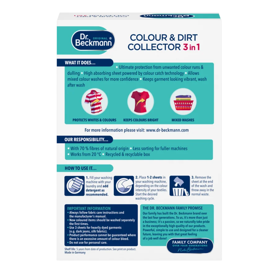 Colour & Dirt Collector 3in1 – White cardboard box with turquoise and dark blue sections displaying instructional graphics and text panels.