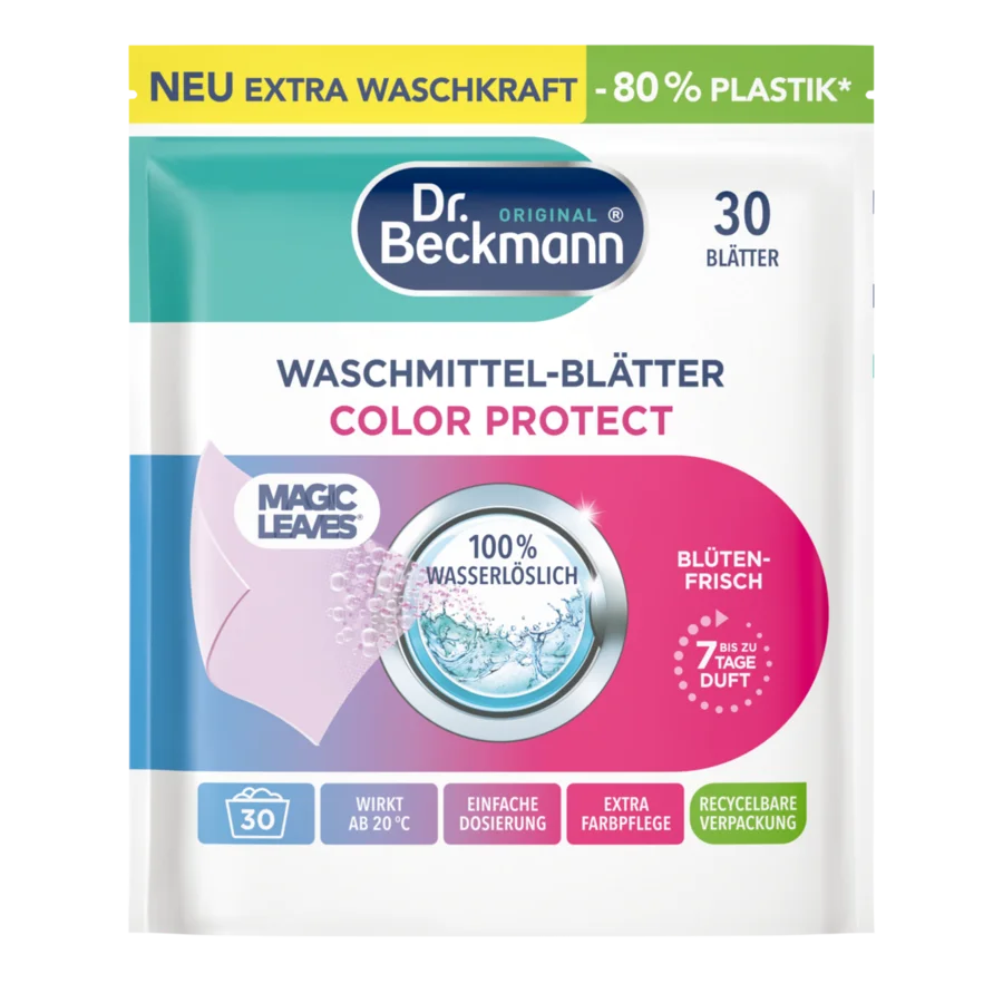 Magic Leaves Detergent za pranje perila v lističih - Color – Bela vrečka s turkiznimi, vijoličnimi in rožnatimi deli, 30 listov.