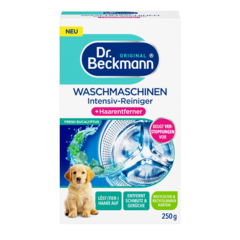 Waschmaschinen Intensiv-Reiniger + Haarentferner – Weiße Box mit türkisen und blauen Bereichen, 250g Waschmaschinen-Reiniger mit Eukalyptusduft und Hundeabbildung.-small