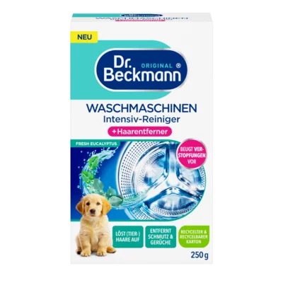 Waschmaschinen Intensiv-Reiniger + Haarentferner – Weiße Box mit türkisen und blauen Bereichen, 250g Waschmaschinen-Reiniger mit Eukalyptusduft und Hundeabbildung.