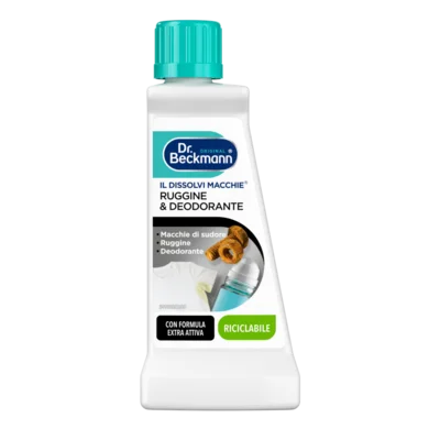 Il Dissolvi Macchie Ruggine & Deodorante – Bottiglia di plastica bianca con tappo turchese contenente liquido detergente,