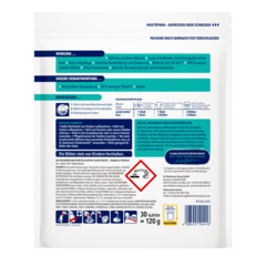 Waschmittel-Blätter Color Protect Orange & Pfirsich – Weiße rechteckige Packung mit Blaugrün- und Dunkelblaubereichen, 30 Blatt, 120g, Sicherheitssymbole und Barcode.