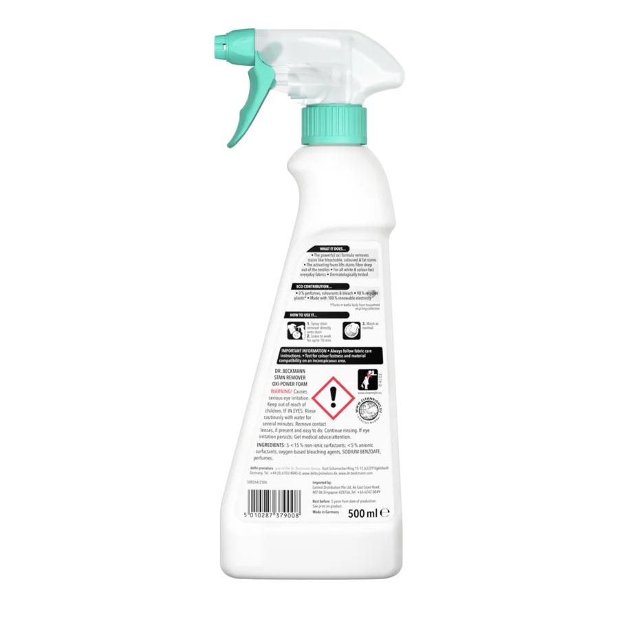 Bọt Oxi Hoạt Tính Tẩy Vết Bẩn – Chai xịt trắng với nút và nắp xanh ngọc, dung tích 500ml, nhãn sản phẩm hiển thị hướng dẫn sử dụng và biểu tượng cảnh báo.