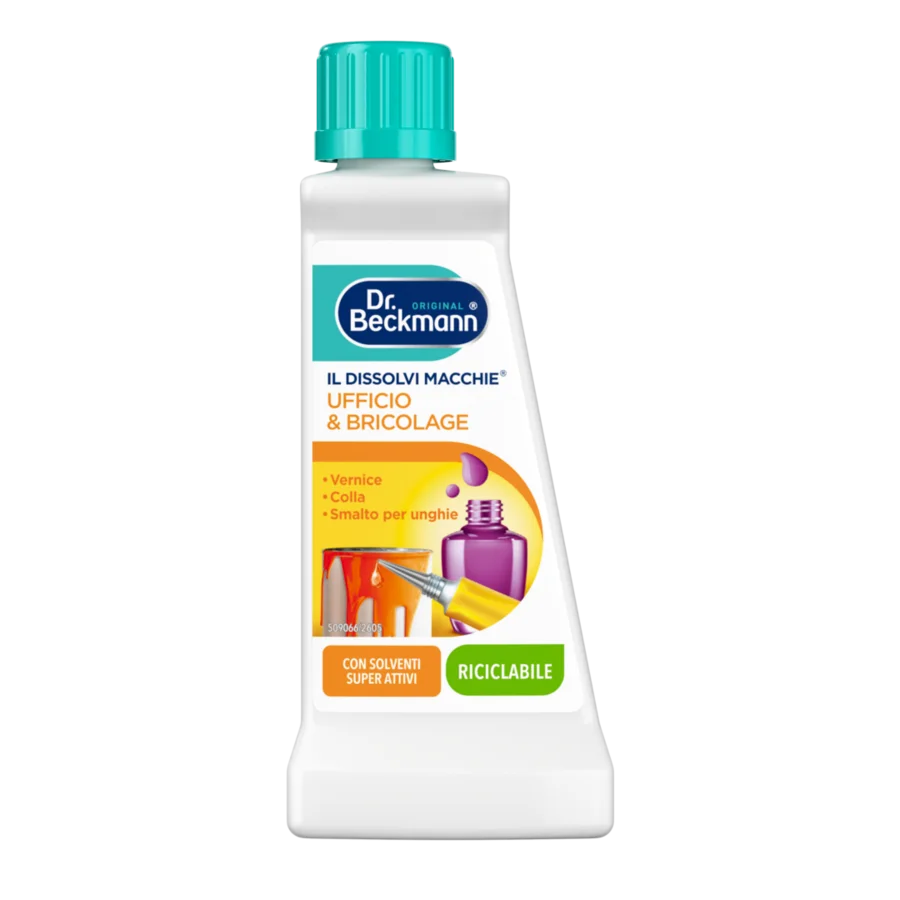 Il Dissolvi Macchie Ufficio & Bricolage – Bottiglia in plastica bianca con tappo turchese, etichetta arancione e gialla con immagini di smalto unghie viola.