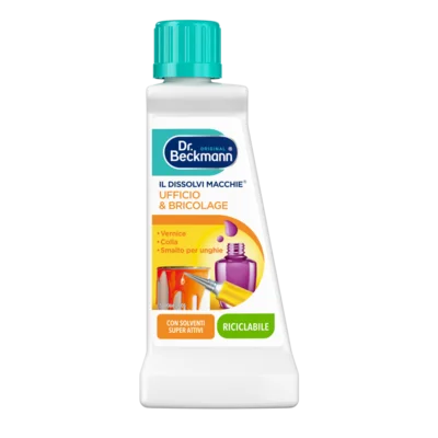 Il Dissolvi Macchie Ufficio & Bricolage – Bottiglia in plastica bianca con tappo turchese, etichetta arancione e gialla con immagini di smalto unghie viola.