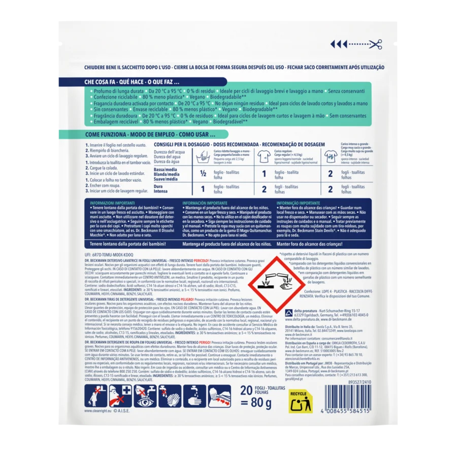 Tiras de Detergente Universal - Fresco Intenso – Empaque blanco con secciones azul y verde con texto instructivo en varios idiomas.