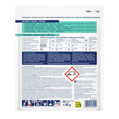 Tiras de Detergente Universal - Fresco Intenso – Empaque blanco con secciones azul y verde con texto instructivo en varios idiomas.