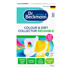 Colour & Dirt Collector Reusable – White cloth with colorful circles in turquoise and white packaging with yellow garment imagery.-small