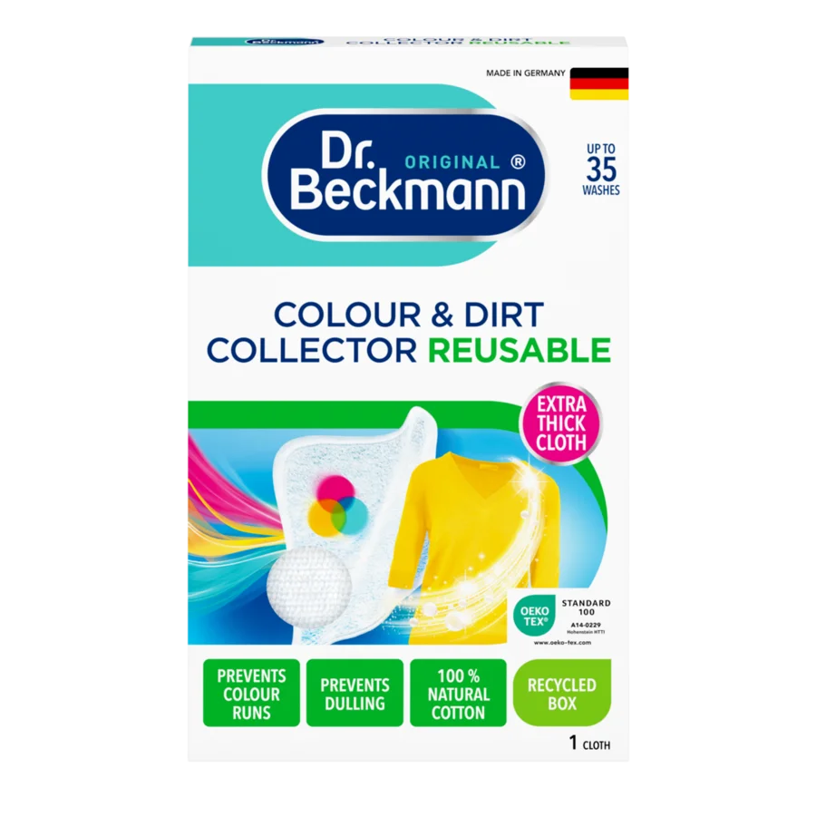 Colour & Dirt Collector Reusable – White cloth with colorful circles in turquoise and white packaging with yellow garment imagery.