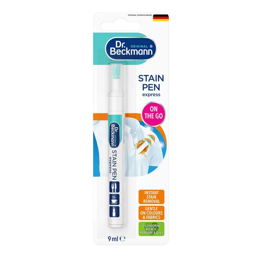 Bút Tẩy Vết Bẩn Quần Áo Cấp Tốc – Bút lông trắng với nắp và dải xanh ngọc, 9ml chất tẩy vết trong vỉ nhựa trong suốt.