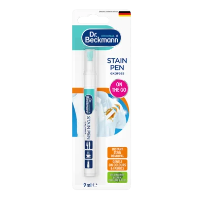Bút Tẩy Vết Bẩn Quần Áo Cấp Tốc – Bút lông trắng với nắp và dải xanh ngọc, 9ml chất tẩy vết trong vỉ nhựa trong suốt.
