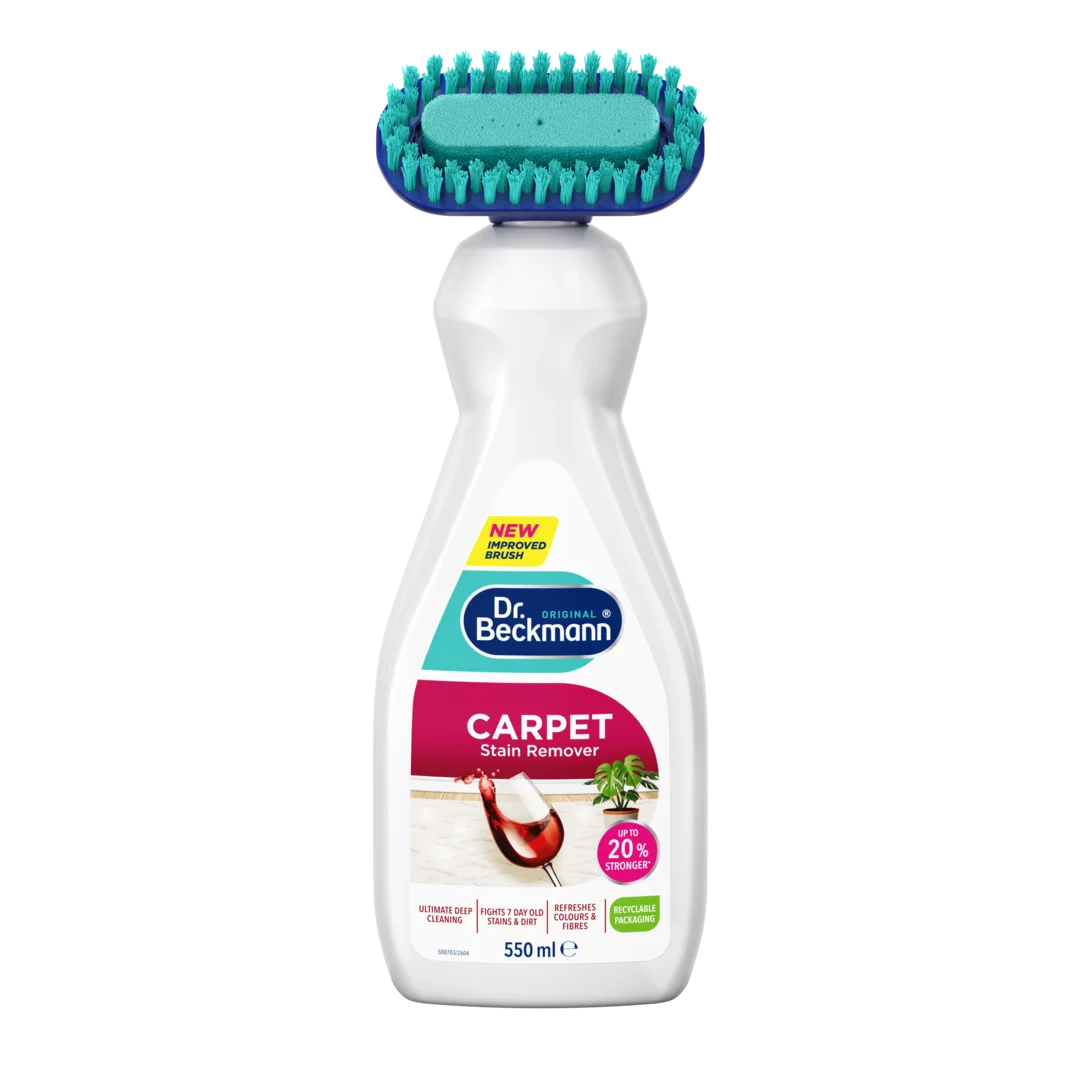 Dr.&nbsp;Beckmann Carpet Stain Remover -matontahrainpoistoaine, 550 ml pullo turkoosilla harjalla.