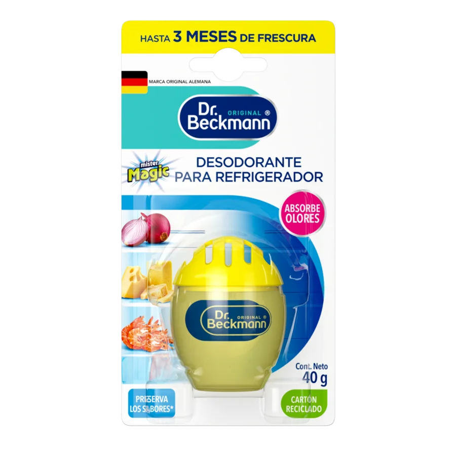 Desodorante para Refrigerador – Recipiente esférico amarillo con orificios de ventilación y etiqueta ovalada azul oscuro, peso neto 40g.