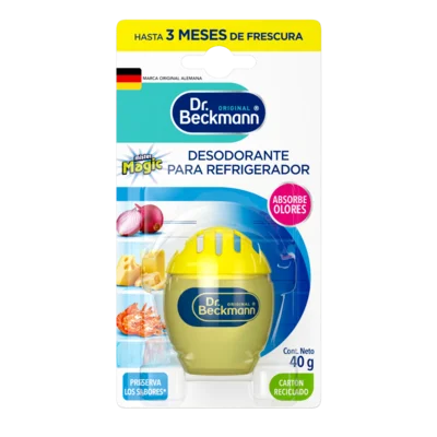 Desodorante para Refrigerador – Recipiente esférico amarillo con orificios de ventilación y etiqueta ovalada azul oscuro, peso neto 40g.