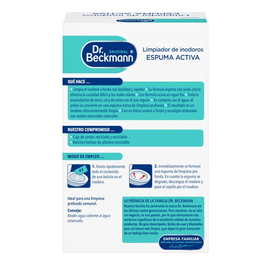 Limpiador de Inodoros Espuma activa – Caja rectangular blanca con secciones turquesas y azul marino con texto e diagramas.