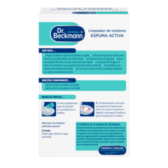 Limpiador de Inodoros Espuma activa – Caja rectangular blanca con secciones turquesas y azul marino con texto e diagramas.