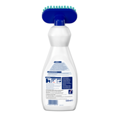 Power Teppich Flecken-Bürste – Weiße Sprühflasche mit blauem Deckel und Bürstenkopf, 550ml Fassungsvermögen, blaue Etikettenbereiche.