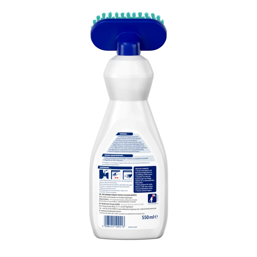 Power Teppich Flecken-Bürste – Weiße Sprühflasche mit blauem Deckel und Bürstenkopf, 550ml Fassungsvermögen, blaue Etikettenbereiche.