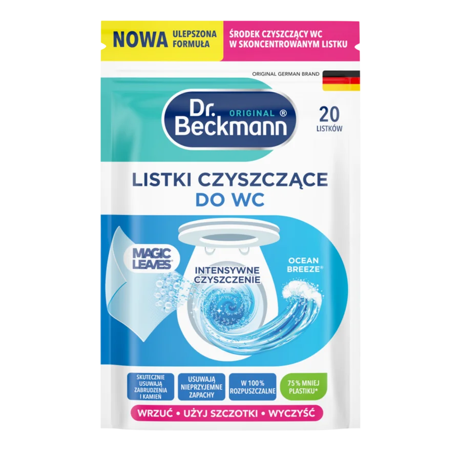 Listki Czyszczące Do WC – Ocean Breeze® – Biała torebka z niebieskimi elementami, ilustracją muszli klozetowej i grafiką wirów wodnych.