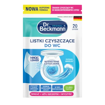 Listki Czyszczące Do WC – Ocean Breeze® – Biała torebka z niebieskimi elementami, ilustracją muszli klozetowej i grafiką wirów wodnych.