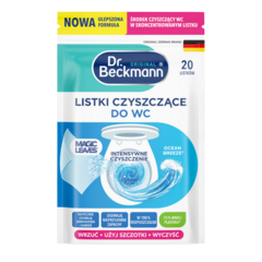 Listki Czyszczące Do WC – Ocean Breeze® – Biała torebka z niebieskimi elementami, ilustracją muszli klozetowej i grafiką wirów wodnych.-small