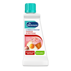 Il Dissolvi Macchie Sangue & Proteine – Bottiglia di plastica bianca con tappo turchese, etichetta rossa e rosa con immagini di cibo e testo italiano.-small