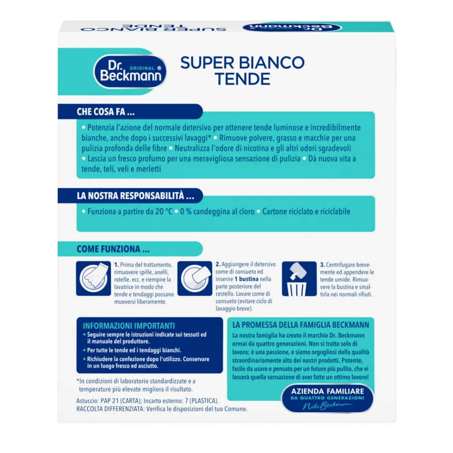 Super Bianco Tende – Scatola rettangolare bianca con dettagli turchesi e blu scuro, contenente istruzioni e informazioni in italiano.