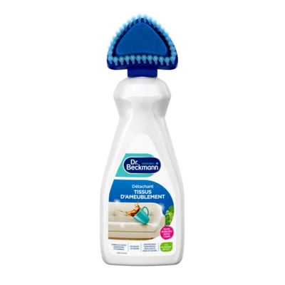 Détachant Tissus d’Ameublement – Flacon blanc en plastique avec tête de brosse bleue et étiquette turquoise illustrée.