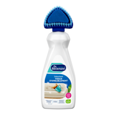 Détachant Tissus d’Ameublement – Flacon blanc en plastique avec tête de brosse bleue et étiquette turquoise illustrée.-small