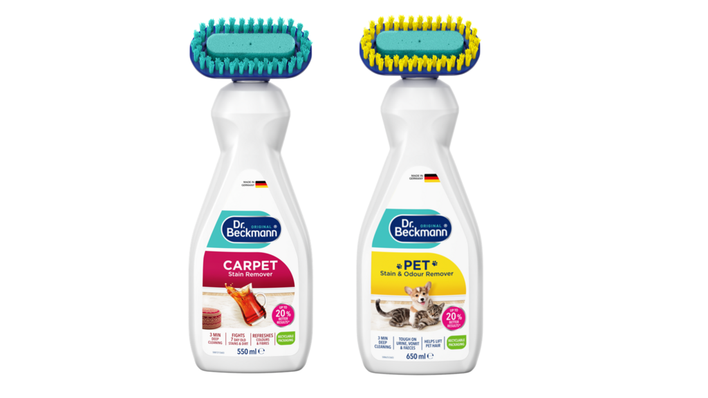 Dr Beckmann carpet and pet stain removers with brush heads, 550ml and 650ml bottles made in Germany.