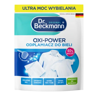 Oxi-Power odplamiacz do bieli – Biała saszetka z detergentem w proszku, niebieskim i turkusowym wzorem, ze zdjęciami czystej białej bielizny.