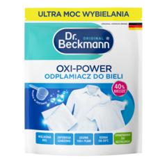 Oxi-Power odplamiacz do bieli – Biała saszetka z detergentem w proszku, niebieskim i turkusowym wzorem, ze zdjęciami czystej białej bielizny.-small