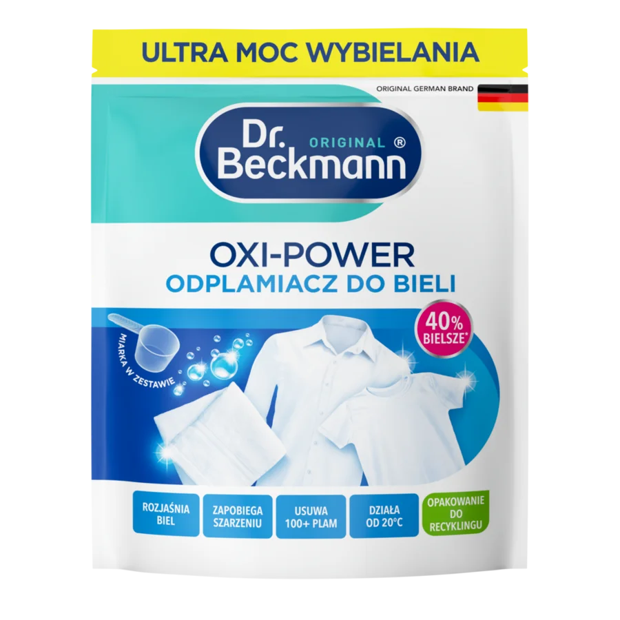 Oxi-Power odplamiacz do bieli – Biała saszetka z detergentem w proszku, niebieskim i turkusowym wzorem, ze zdjęciami czystej białej bielizny.