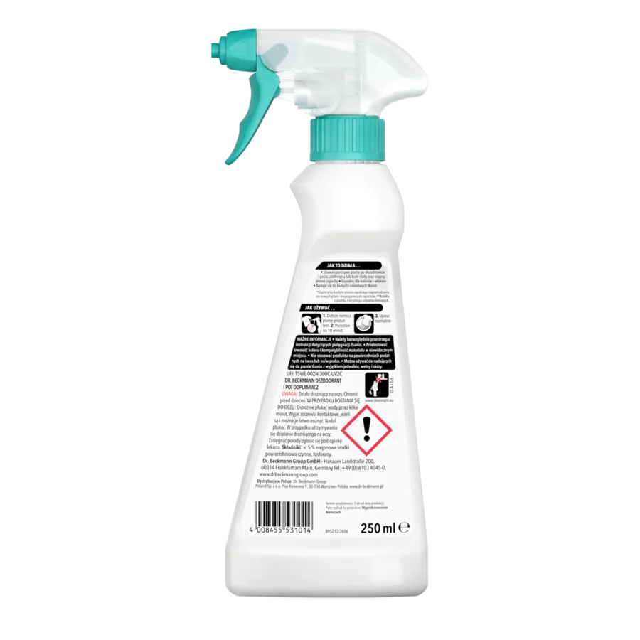 Spray do plam z dezodorantu i potu – Biała butelka spryskiwacza z turkusowym spustem i nakrętką, pojemność 250ml, panel z instrukcjami i symbolami bezpieczeństwa.