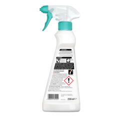 Spray do plam z dezodorantu i potu – Biała butelka spryskiwacza z turkusowym spustem i nakrętką, pojemność 250ml, panel z instrukcjami i symbolami bezpieczeństwa.