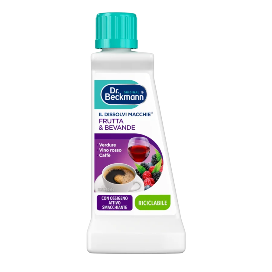 Il Dissolvi Macchie Frutta & Bevande – Bottiglia di plastica bianca con tappo turchese, etichetta viola e teal con immagini di bevande e testo.
