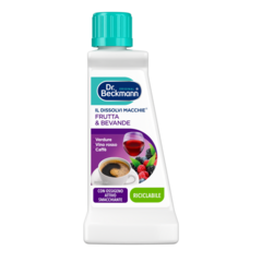 Il Dissolvi Macchie Frutta & Bevande – Bottiglia di plastica bianca con tappo turchese, etichetta viola e teal con immagini di bevande e testo.-small