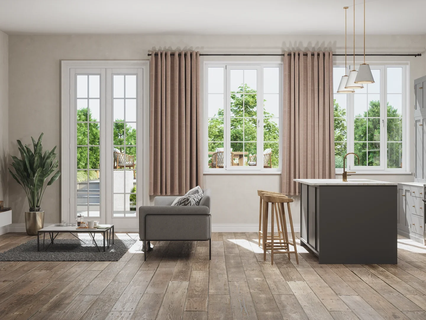 Modern open-plan living space with kitchen, dining area, and lounge featuring large windows, wood flooring, and neutral furnishings.