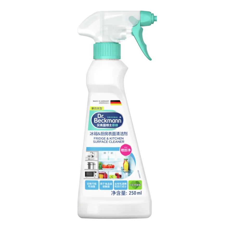 冰箱&厨房表面清洁剂 Fridge & Kitchen Surface Cleaner – 白色喷瓶,青绿色扳机和瓶盖,内装清液,标签为中英文。
