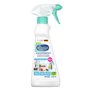 冰箱&厨房表面清洁剂 Fridge & Kitchen Surface Cleaner – 白色喷瓶,青绿色扳机和瓶盖,内装清液,标签为中英文。