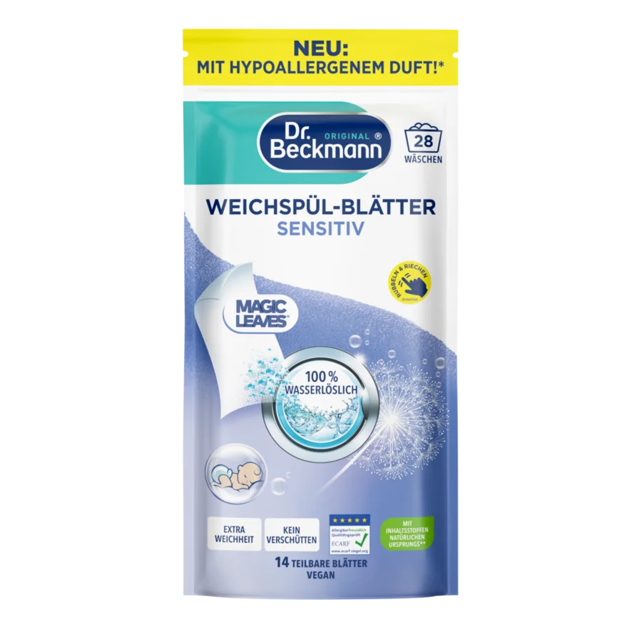 Weichspül-Blätter Sensitiv – Weiße und blaue Beutelverpackung mit rundem Fenster, das Wassertropfen und Löwenzahndesign zeigt.