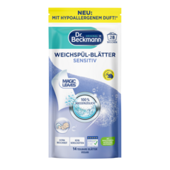 Weichspül-Blätter Sensitiv – Weiße und blaue Beutelverpackung mit rundem Fenster, das Wassertropfen und Löwenzahndesign zeigt.-small