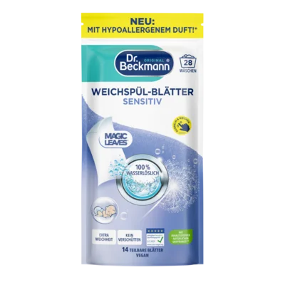 Weichspül-Blätter Sensitiv – Weiße und blaue Beutelverpackung mit rundem Fenster, das Wassertropfen und Löwenzahndesign zeigt.