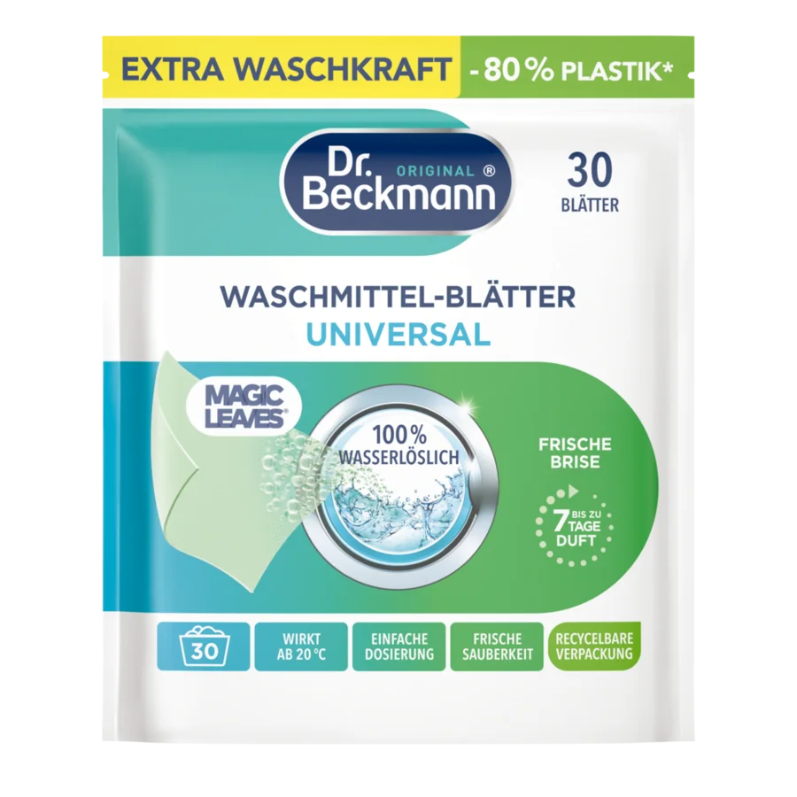 Waschmittel-Blätter Universal Frische Brise – Weißer Beutel mit türkisen und grünen Designelementen, enthält 30 Blätter.